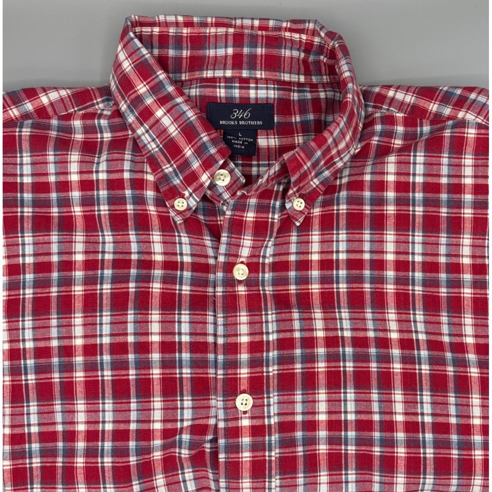 Brooks Brothers 346 Mens Red Plaid Short Sleeve Button Down Cotton Shirt Size L